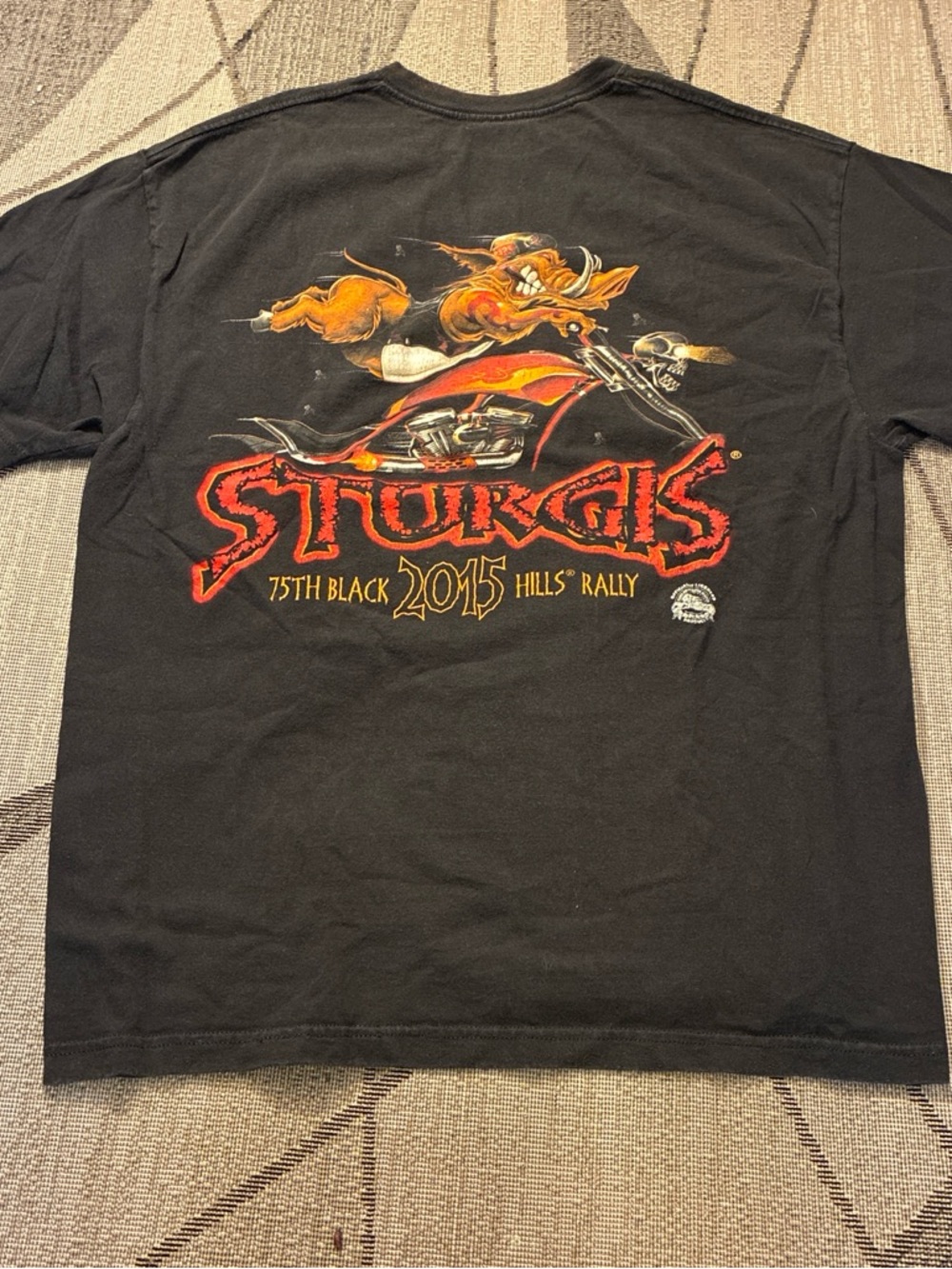 Gildan Black Sturgis 2015 Motorcycle Rally Tee with Red and Orange Graphic